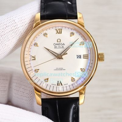 Swiss Replica Omega De Ville Watch White Dial Black Leather Strap Yellow Gold Bezel 42mm